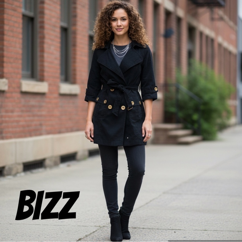 Stylish jacket , black trench-inspired piece with a professional and chic look